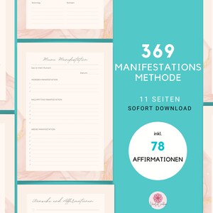 Könnte beinhalten: Ein digitaler Download mit einem Leitfaden zur 369 Manifestationsmethode. Das türkis-rosa Design enthält Seiten für Morgen-, Nachmittags- und Abendmanifestationen sowie 78 Affirmationen. Der Text enthält "Meine Manifestation" und "Wunsche and Affirmationen".