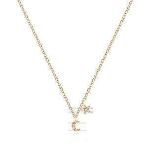 Minimalist Pave Diamond Mini Star & Moon Necklace 14k Solid - Etsy