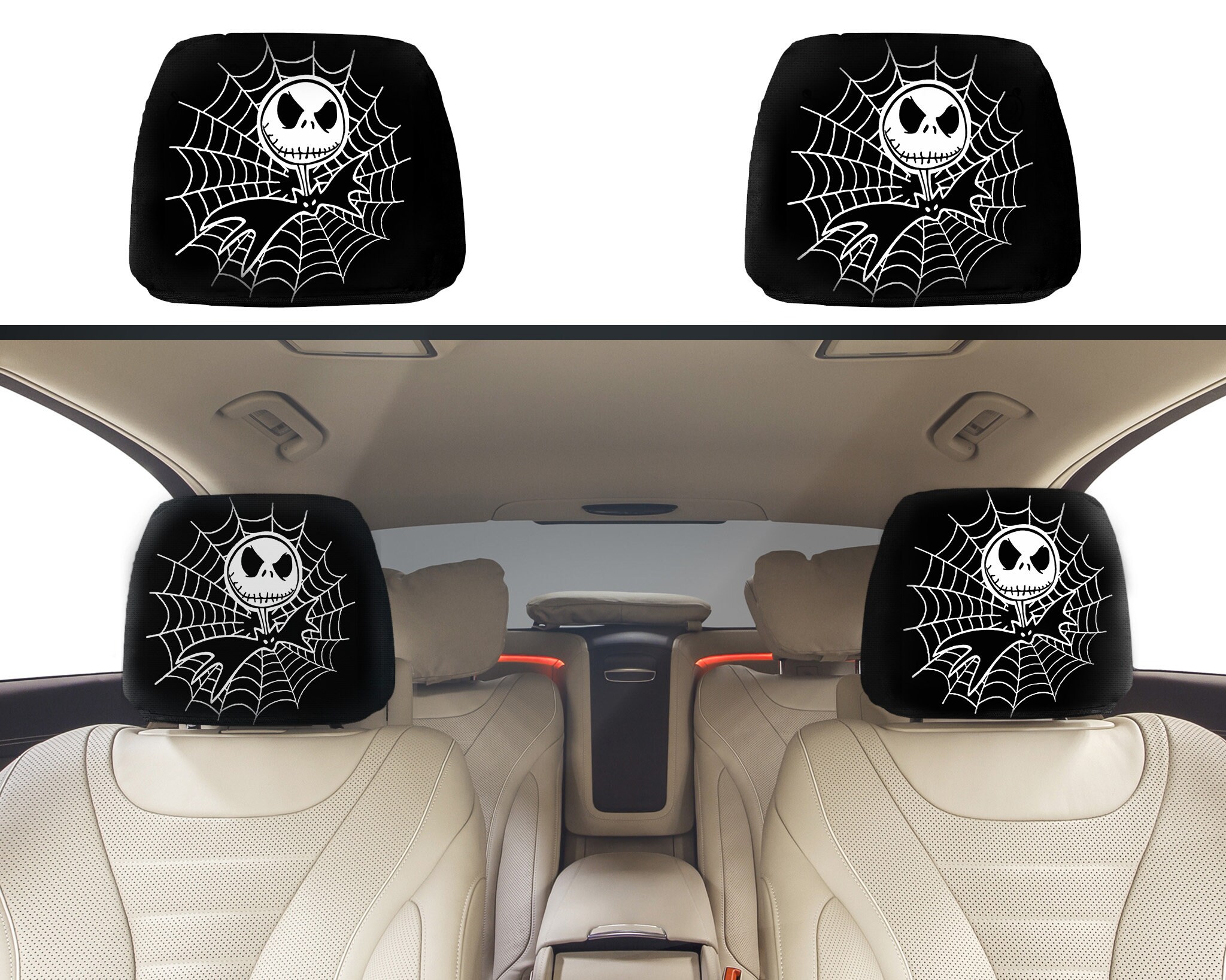 Father's Day Gift, Car Decor Headrest Covers, Jack Skellington Spider Web - Halloween Decor For Car, Holiday Gift, Jack Skellington Print