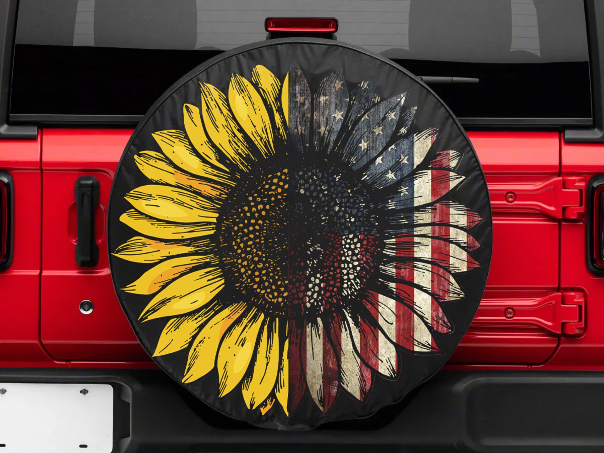 American Flag With Art Sunflower Spare Tire Cover For Car