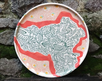 Uniquely designed large handmade coloured sgraffito ceramic serving tray - platter - dining - decoration - service - design - unique - gift