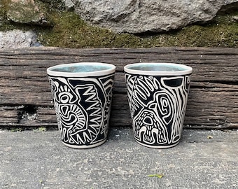 Uniquely designed handmade sgraffito ceramic mug set - ceramic glass - stoneware mug - coffee cup - tea cup - tumbler - sgraffito mug - mug
