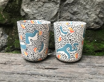 Uniquely designed handmade sgraffito ceramic mug set - ceramic glass - stoneware - coffee - tea - tumbler - sgraffito - cup - gift - holiday