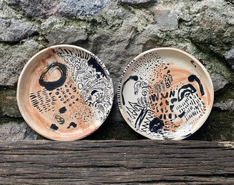 Uniquely designed handmade sgraffito ceramic breakfast/dessert plate set (2 pcs.) - dinner - home - unique - kitchen - table - art - pottery