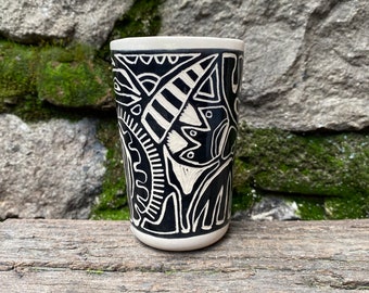 Uniquely designed handmade sgraffito ceramic mug - gift - stoneware - coffee - sgraffito mug - coffee mug - tumbler - unique - drinkware