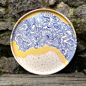 Uniquely designed large handmade coloured sgraffito ceramic serving tray platter dining decoration service design unique gift image 2