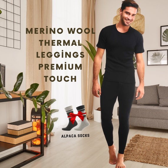Men's Black Merino Wool Thermal Long Johns, Pants, Perfect for Underwear, 