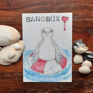Cartolina con scritta "BANGBÜX" biglietto d'auguri A6 basso tedesco