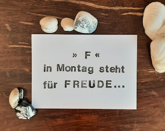 Postkarte Spruch des Tages " F... in Montag steht für Freude" A6 Grußkarte schwarz weiß