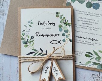 Einladungen zur Kommunion | Hochzeit Taufe Konfirmation | Boho | Invitation 2024 | Herz | Einladungskarten | Vintage | EUKALYPTUS B6