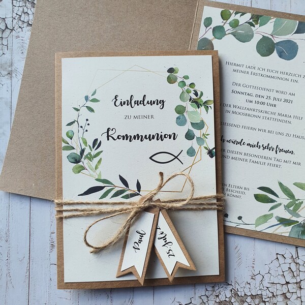 Einladungen zur Kommunion | Hochzeit Taufe Konfirmation | Boho | Invitation 2024 | Herz | Einladungskarten | Vintage | EUKALYPTUS B6