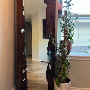 May include: A large, dark brown wooden mirror with an irregular, natural edge frame. The mirror is reflecting a room with hardwood floors and a painting on the wall. A potted plant with green leaves is in the foreground.