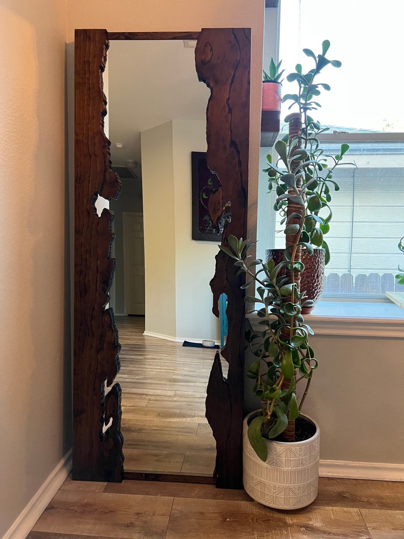 May include: A large, dark brown wooden mirror with an irregular, natural edge frame. The mirror is reflecting a room with hardwood floors and a painting on the wall. A potted plant with green leaves is in the foreground.