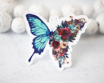 Blue Red Floral Clear Butterfly Sticker, Clear Car Decal, Laptop Sticker, Notebook Sticker, Butterfly Decal, Die Cut Sticker, Aesthetic