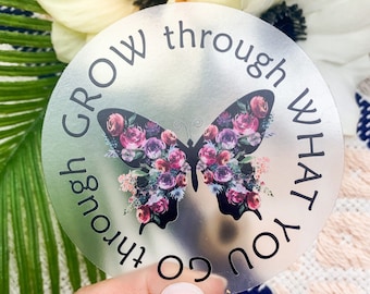 Grow Through What You Go Through Clear Sticker, Butterfly Car Decal, Die Cut Label, Vinyl Sticker, Bumper Stickers, Notebook Decal