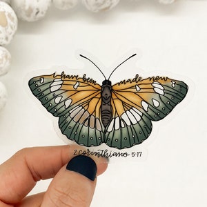 He sido hecho nuevo cristiano calcomanía transparente, versículo bíblico, 1 Corintios 5 17, calcomanía de las Escrituras de Jesús, religioso, mariposa inspiradora