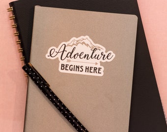 Adventure Begins Here, Vinyl Sticker, Travel Sticker, Adventure Sticker, Aesthetic Sticker, Planner Label, Laptop Sticker, Journal Decal