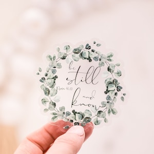 Waterflessticker, bruiloftstickers, vinylsticker, katholieke sticker, duidelijke sticker, bijbelsticker, sticker wees stil en weet, religieus etiket