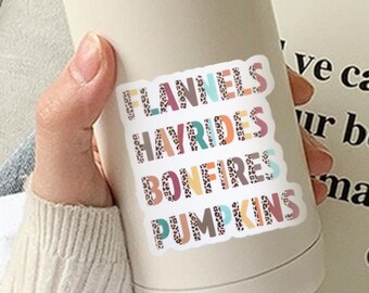 Fall Vinyl Sticker, Tumbler Label, Flannels Sticker, Hayrides Label, Bonfires Decal, Pumpkins Sticker, Leopard Sticker, Autumn Car Decal