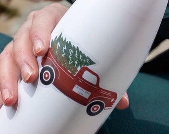 Christmas Sticker, Red Truck Sticker, Christmas Tree Sticker, Holiday Label, Xmas Gift, Laptop Decal, Advent Gift, Car Bumper Sticker, Santa