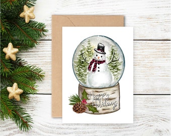 Christmas Card, Snow Globe Card, Snowman Card, Greeting Card, Winter Wonderland Card, Happy Holidays, Card With Envelope,Cute Christmas Card