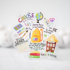 May include: A colorful back to school themed sticker with a yellow backpack, a schoolhouse, and the text "Choose to be positive", "Every day is a new adventure to make mistakes", "You can learn something new everyday", "The more you read the more things you will know", and "Back to School".