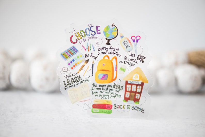 May include: A colorful back to school themed sticker with a yellow backpack, a schoolhouse, and the text "Choose to be positive", "Every day is a new adventure to make mistakes", "You can learn something new everyday", "The more you read the more things you will know", and "Back to School".
