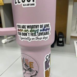 May include: A pink tumbler with a sticker that reads "You are worthy of love. even on days where you don't feel loveable. Especially on those days."