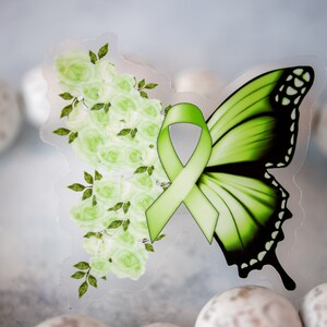 Lymphoma Awareness Sticker, Green Butterfly Decal, Ribbon Label, Die Cut Decal, Clear Vinyl Sticker, Awareness Sticker, Spread Awareness image 5