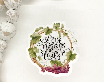 Love Never Fails Sticker, Clear Vinyl Decal, Floral Sticker, Laptop Decal, Water Bottle, Journal Sticker, Car Accessories, Cell Pone Sticker