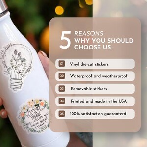 May include: Five reasons why you should choose us: vinyl die-cut stickers, waterproof and weatherproof, removable stickers, printed and made in the USA, 100% satisfaction guaranteed. The image shows a white water bottle with two stickers on it.