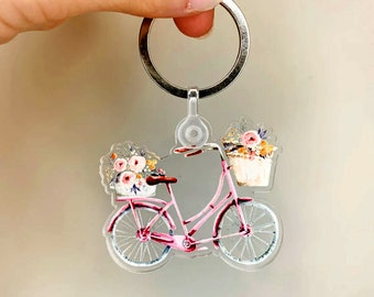 2" x 1.73" Floral Pink Bicycle  Keychain, Cute Keychain, Keychain For Her, Motivational Keychain, Girly Keychain, Floral Keychain