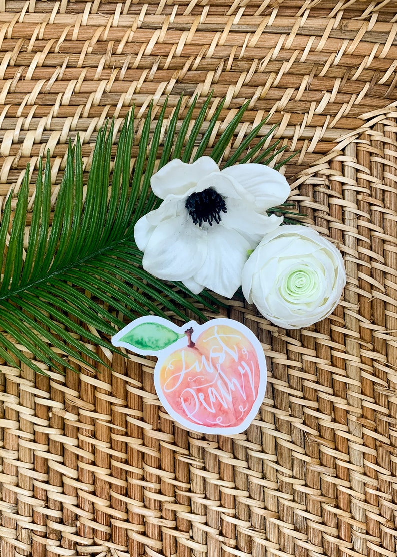 Op de afbeelding: Een sticker in perzikkleur met een aquarelontwerp van een perzik en de tekst "Just Peachy" in witte cursieve letters.