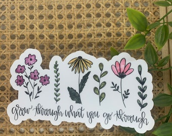 Car Accessories For Women, Mental Health Sticker, Water Bottle Sticker, Grow Through What You Go Through, Flower Label, Anxiety Awareness