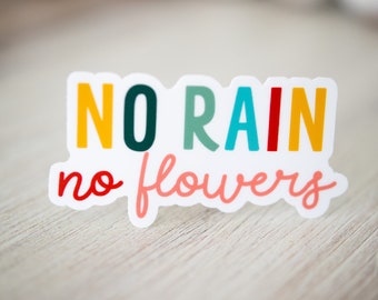 No Rain No Flowers Vinyl Sticker, Water Flask Sticker, Gift For Her, Spring Decals, Custom Stickers, Encouraging Words, Floral Sticker Pack