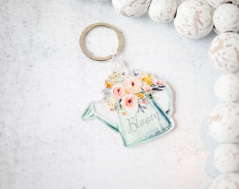 Bloom Watering Can Keychain, Flower Accessories, Floral Watering Pot Keychain, Gardening Gift For Her, Cute Keychain, Acrylic Accessories
