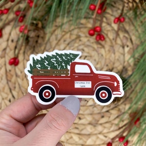 Christmas Sticker, Red Truck Sticker, Christmas Tree Sticker, Holiday Label, Xmas Gift, Laptop Decal, Advent Gift, Car Bumper Sticker, Santa