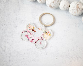 2" x 1.73" Floral Pink Bicycle  Keychain, Cute Keychain, Keychain For Her, Motivational Keychain, Girly Keychain, Floral Keychain