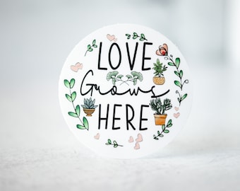 Love Grows Here Sticker, Botanical Label, Plant Mom Decal, Pot Sticker, Planter Sticker, Water Bottle Sticker, Waterproof Label, Plant Lover