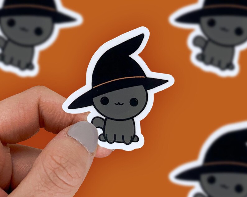 Adesivo gatto strega, articoli per feste di Halloween, adesivo stregato, ottobre spettrale, adesivo gatto carino, etichetta gattino, adesivo gattino, adesivo auto, album di ritagli immagine 1