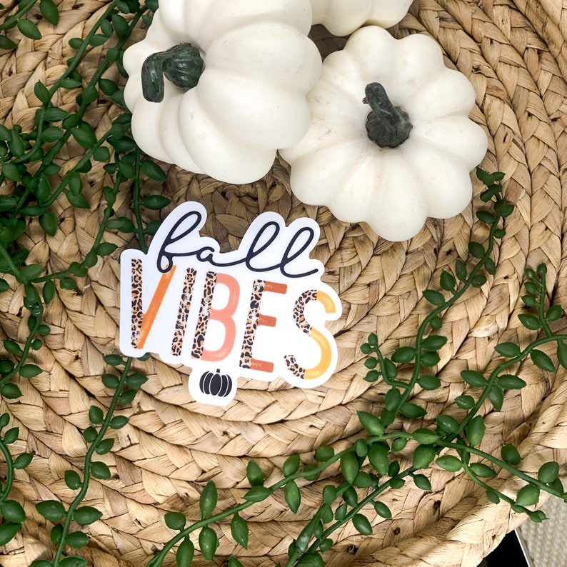 K&ouml;nnte beinhalten: Ein wei&szlig;er Aufkleber mit dem Text "fall vibes" in schwarzer Schrift. Der Text ist &uuml;ber einen bunten Hintergrund mit Leopardenmuster gelegt. Unter dem Text befindet sich ein kleines K&uuml;rbis-Symbol.