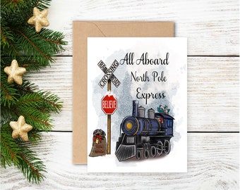 Christmas Card, North Pole Express Card, Greeting Card, Winter Wonderland Card, Envelope Card, Christmas Train Card, Linen Paper Card