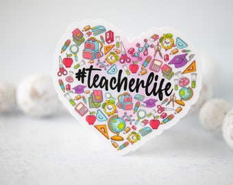 Teacher Life Sticker, Heart Shaped Sticker, Back To School, Teacher Decal, School Supplies Sticker, Notebook Sticker, Water Bottle Sticker