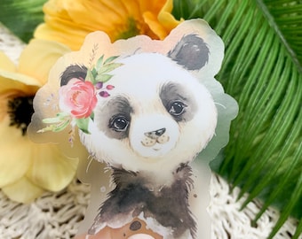 Panda Floral Clear Sticker, Clear Die Cut Label, Woodland Animal Sticker, Animal Decal Phone Sticker, Notebook Label, Gift For Kids