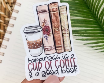 custom paper hot cups Book Sticker, Coffee Decal, Cup Sticker, Happiness Is A Cup Of Coffee And A Good Book, Kindle Sticker, Book Lover Gift, Booktok, Waterproof