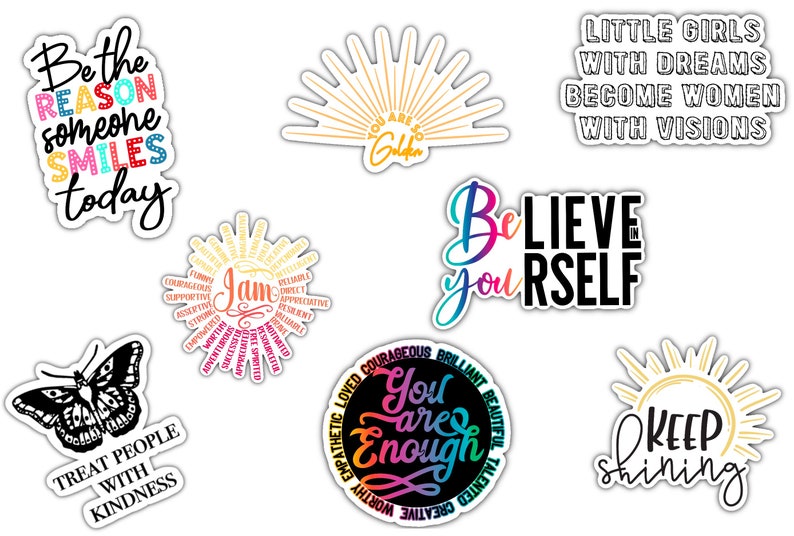 Puede incluir: Un conjunto de 9 pegatinas coloridas con citas y dise&ntilde;os inspiradores. Las pegatinas presentan frases como "S&eacute; la raz&oacute;n por la que alguien sonr&iacute;e hoy", "Eres tan Golden", "Cree en ti mismo", "Eres suficiente", y "Sigue brillando".