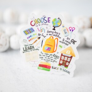 May include: A colorful sticker with a back to school theme. It features a yellow backpack, a schoolhouse, books, scissors, glue, paintbrushes, and a globe. The sticker has the text "Choose to be positive", "You can learn something new everyday", "Every day is a new adventure", "Be kind", "It's OK to make mistakes", "The more you read the more things you will know", and "Back to School".