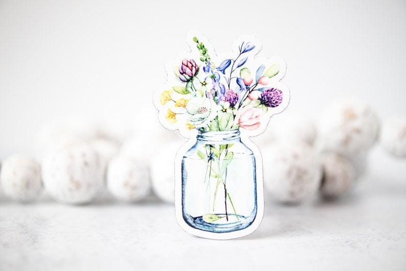 Unique Stickers, Spring Decal, Wild Flower Decal, Mason Jar Sticker, Die Cut Label, Floral Decal, Bumper Sticker, Waterproof Label,Removable Magnet