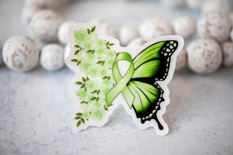 Lymphoma Awareness Sticker, Green Butterfly Decal, Ribbon Label, Die Cut Decal, Clear Vinyl Sticker, Awareness Sticker, Spread Awareness image 1