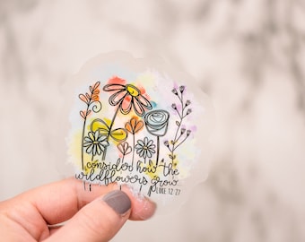 Pack of 50 Stickers, Consider How The Wildflowers Grow Sticker, Christian Decal, Clear Sticker, Bible Journal Label, Car Vinyl Sticker